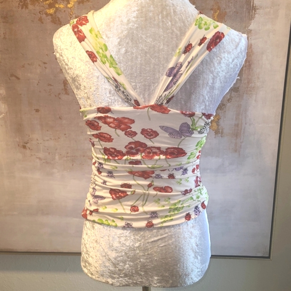 Vintage Versace White and Red Floral Ruched Fitted Tank Top - Picture 4 of 9
